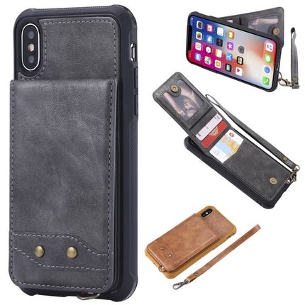 For iPhone XS / X Vertical Flip Shockproof Leather Protective Case with Short Rope, Support Card Slots & Bracket & Photo Holder & Wallet Function(Grey)-garmade.com