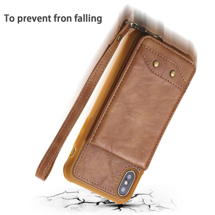 For iPhone XS / X Vertical Flip Shockproof Leather Protective Case with Short Rope, Support Card Slots & Bracket & Photo Holder & Wallet Function(Brown)-garmade.com