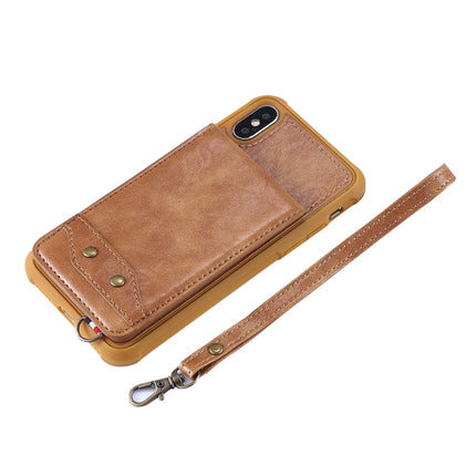 For iPhone XS / X Vertical Flip Shockproof Leather Protective Case with Short Rope, Support Card Slots & Bracket & Photo Holder & Wallet Function(Brown)-garmade.com