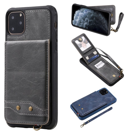 For iPhone 11 Pro Max Vertical Flip Shockproof Leather Protective Case with Short Rope, Support Card Slots & Bracket & Photo Holder & Wallet Function(Grey)-garmade.com