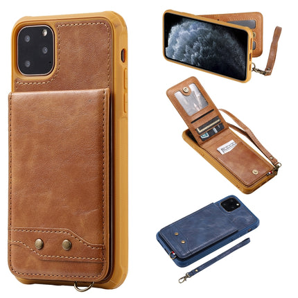 For iPhone 11 Pro Max Vertical Flip Shockproof Leather Protective Case with Short Rope, Support Card Slots & Bracket & Photo Holder & Wallet Function(Brown)-garmade.com