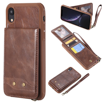 For iPhone XR Vertical Flip Shockproof Leather Protective Case with Short Rope, Support Card Slots & Bracket & Photo Holder & Wallet Function(Coffee)-garmade.com
