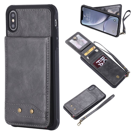 For iPhone XS Max Vertical Flip Shockproof Leather Protective Case with Short Rope, Support Card Slots & Bracket & Photo Holder & Wallet Function(Grey)-garmade.com