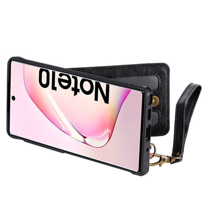 For Galaxy Note 10 Vertical Flip Shockproof Leather Protective Case with Short Rope, Support Card Slots & Bracket & Photo Holder & Wallet Function(Black)-garmade.com