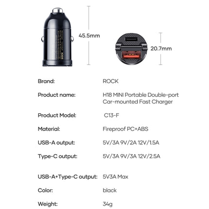 ROCK C13-F H18 Mini Portable Dual Port USB + USB-C / Type-C Car Fast Charger-garmade.com