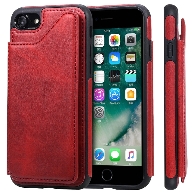 For iPhone 7 / 8 Shockproof Calf Texture Protective Case with Holder & Card Slots & Frame(Red)-garmade.com