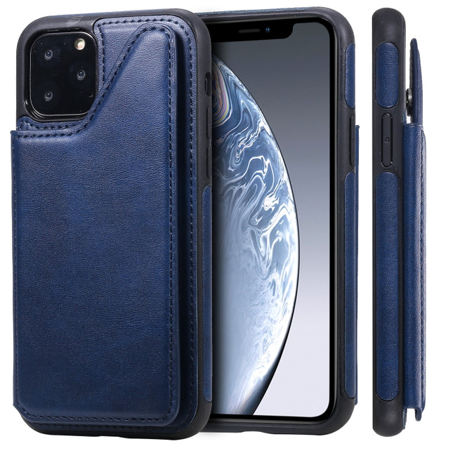 For iPhone 11 Pro Shockproof Calf Texture Protective Case with Holder & Card Slots & Frame(Blue)-garmade.com