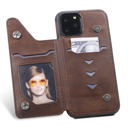 For iPhone 11 Pro Shockproof Calf Texture Protective Case with Holder & Card Slots & Frame(Coffee)-garmade.com