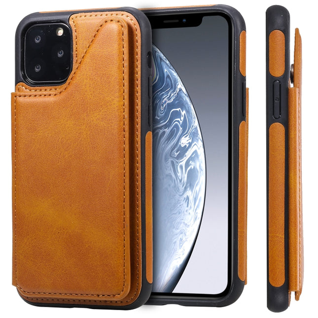 For iPhone 11 Pro Shockproof Calf Texture Protective Case with Holder & Card Slots & Frame(Brown)-garmade.com