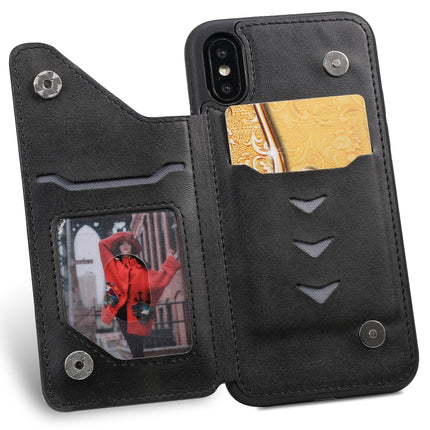 For iPhone X Shockproof Calf Texture Protective Case with Holder & Card Slots & Frame(Black)-garmade.com