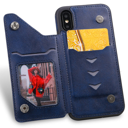 For iPhone X Shockproof Calf Texture Protective Case with Holder & Card Slots & Frame(Blue)-garmade.com