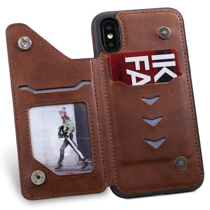 For iPhone X Shockproof Calf Texture Protective Case with Holder & Card Slots & Frame(Coffee)-garmade.com