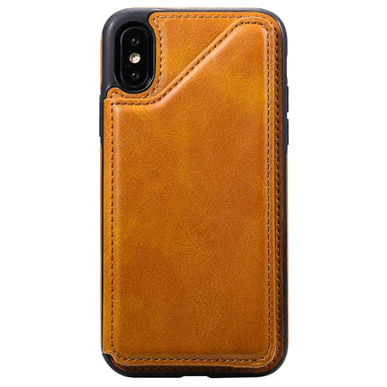 For iPhone X Shockproof Calf Texture Protective Case with Holder & Card Slots & Frame(Brown)-garmade.com