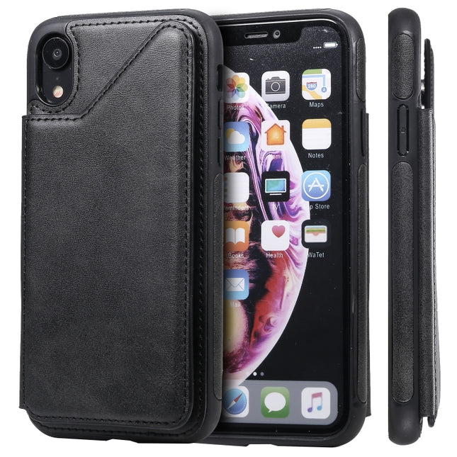 For iPhone XR Shockproof Calf Texture Protective Case with Holder & Card Slots & Frame(Black)-garmade.com