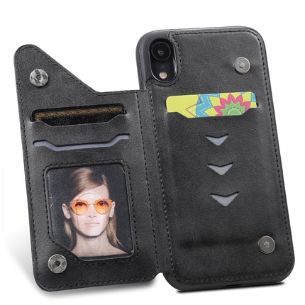 For iPhone XR Shockproof Calf Texture Protective Case with Holder & Card Slots & Frame(Black)-garmade.com