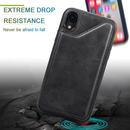 For iPhone XR Shockproof Calf Texture Protective Case with Holder & Card Slots & Frame(Black)-garmade.com