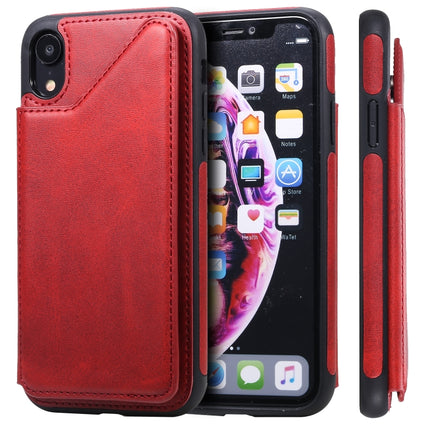 For iPhone XR Shockproof Calf Texture Protective Case with Holder & Card Slots & Frame(Red)-garmade.com