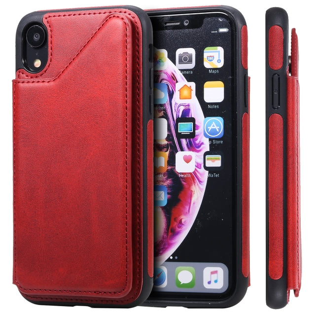 For iPhone XR Shockproof Calf Texture Protective Case with Holder & Card Slots & Frame(Red)-garmade.com