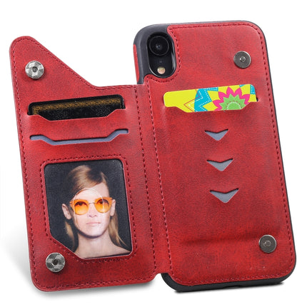 For iPhone XR Shockproof Calf Texture Protective Case with Holder & Card Slots & Frame(Red)-garmade.com