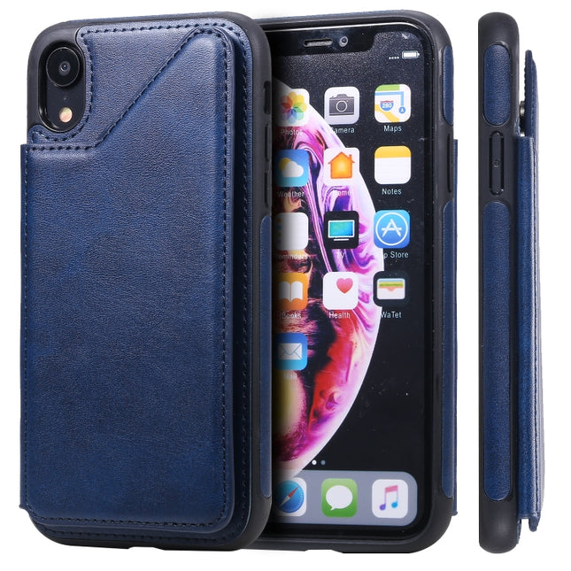 For iPhone XR Shockproof Calf Texture Protective Case with Holder & Card Slots & Frame(Blue)-garmade.com