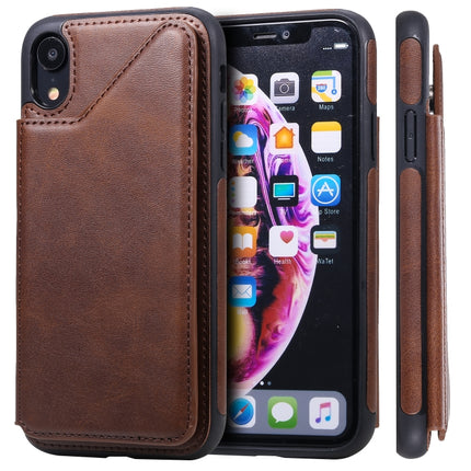 For iPhone XR Shockproof Calf Texture Protective Case with Holder & Card Slots & Frame(Coffee)-garmade.com