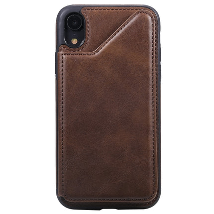 For iPhone XR Shockproof Calf Texture Protective Case with Holder & Card Slots & Frame(Coffee)-garmade.com
