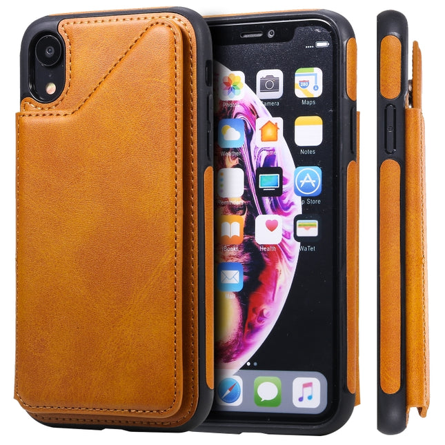For iPhone XR Shockproof Calf Texture Protective Case with Holder & Card Slots & Frame(Brown)-garmade.com