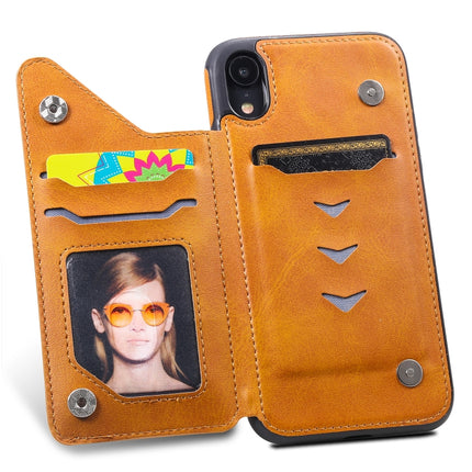 For iPhone XR Shockproof Calf Texture Protective Case with Holder & Card Slots & Frame(Brown)-garmade.com