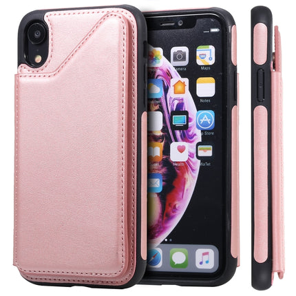 For iPhone XR Shockproof Calf Texture Protective Case with Holder & Card Slots & Frame(Rose Gold)-garmade.com