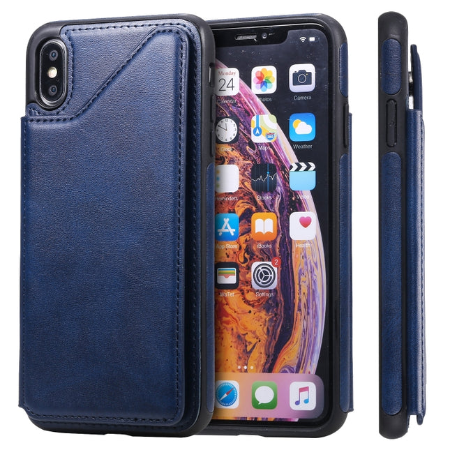 For iPhone XS Max Shockproof Calf Texture Protective Case with Holder & Card Slots & Frame(Blue)-garmade.com