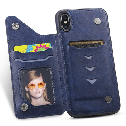 For iPhone XS Max Shockproof Calf Texture Protective Case with Holder & Card Slots & Frame(Blue)-garmade.com