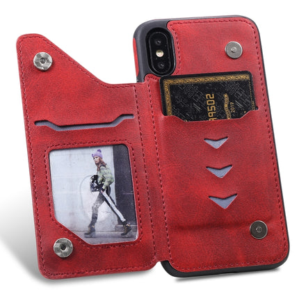For iPhone XS Shockproof Calf Texture Protective Case with Holder & Card Slots & Frame(Red)-garmade.com