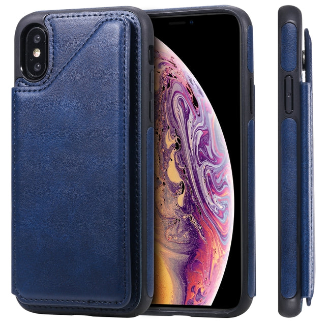 For iPhone XS Shockproof Calf Texture Protective Case with Holder & Card Slots & Frame(Blue)-garmade.com