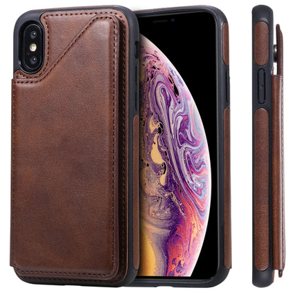 For iPhone XS Shockproof Calf Texture Protective Case with Holder & Card Slots & Frame(Coffee)-garmade.com
