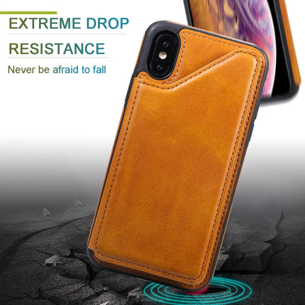 For iPhone XS Shockproof Calf Texture Protective Case with Holder & Card Slots & Frame(Brown)-garmade.com