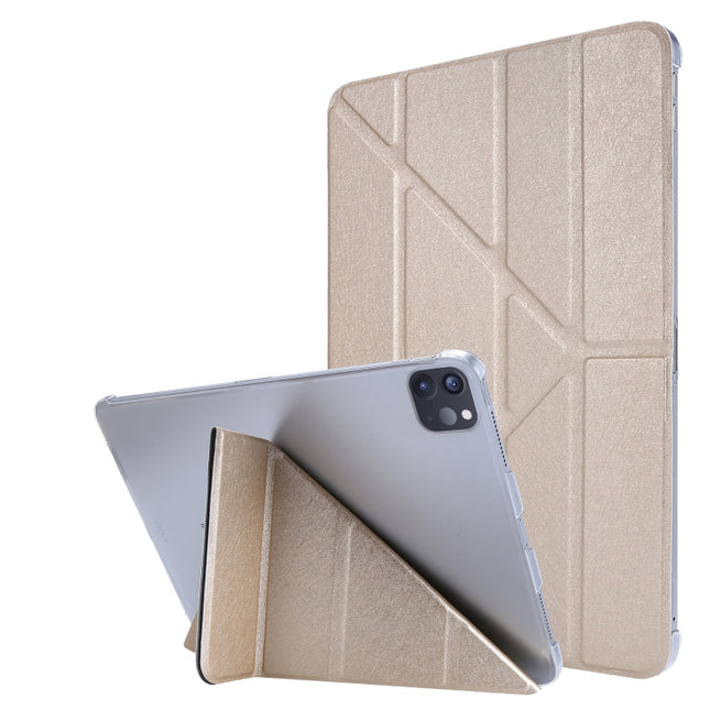 For iPad Pro 12.9 (2020) Silk Texture Horizontal Deformation Flip Leather Tablet Case with Three-folding Holder(Gold)-garmade.com