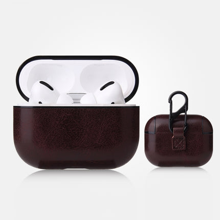 For AirPods Pro Anti-fall Crazy Horse Texture PU Leather Protective Case with Carabiner(Coffee)-garmade.com