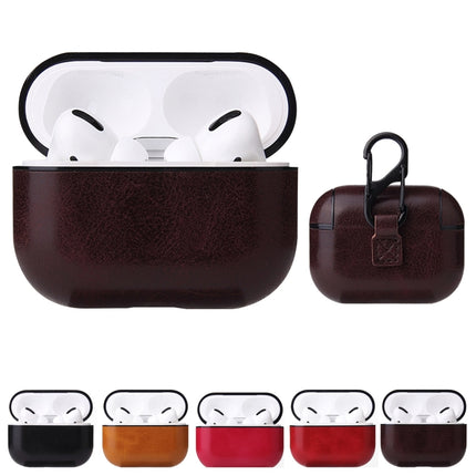 For AirPods Pro Anti-fall Crazy Horse Texture PU Leather Protective Case with Carabiner(Brown)-garmade.com