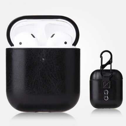 For AirPods 1 & 2 Anti-fall Crazy Horse Texture PU Leather Protective Case with Carabiner(Black)-garmade.com