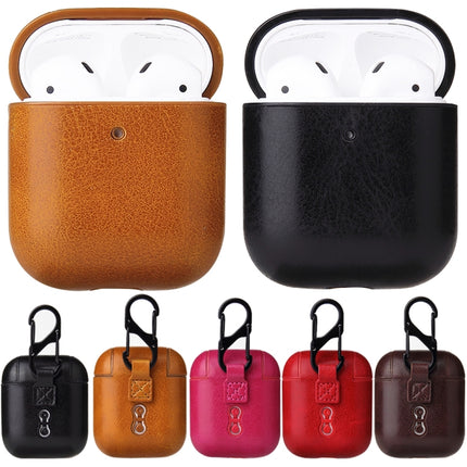 For AirPods 1 & 2 Anti-fall Crazy Horse Texture PU Leather Protective Case with Carabiner(Rose Red)-garmade.com