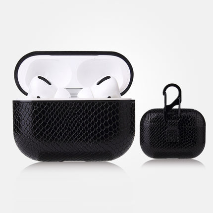 For AirPods Pro Anti-fall Snakeskin Texture PU Leather Protective Case with Carabiner(Black)-garmade.com