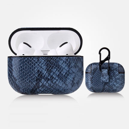 For AirPods Pro Anti-fall Snakeskin Texture PU Leather Protective Case with Carabiner(Blue)-garmade.com