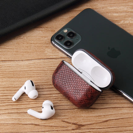 For AirPods Pro Anti-fall Snakeskin Texture PU Leather Protective Case with Carabiner(Silver)-garmade.com