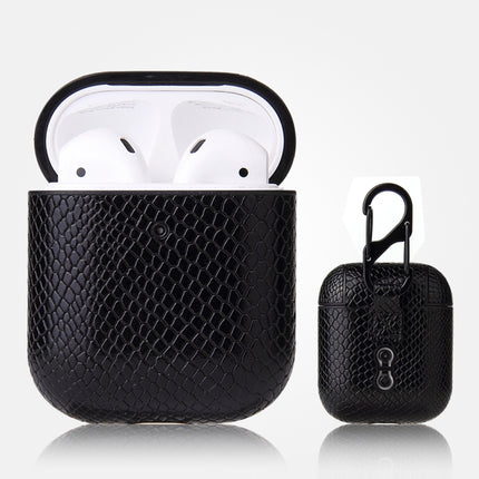 For AirPods 1 & 2 Anti-fall Snakeskin Texture PU Leather Protective Case with Carabiner(Black)-garmade.com