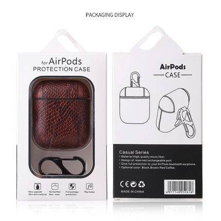 For AirPods 1 & 2 Anti-fall Snakeskin Texture PU Leather Protective Case with Carabiner(Coffee)-garmade.com