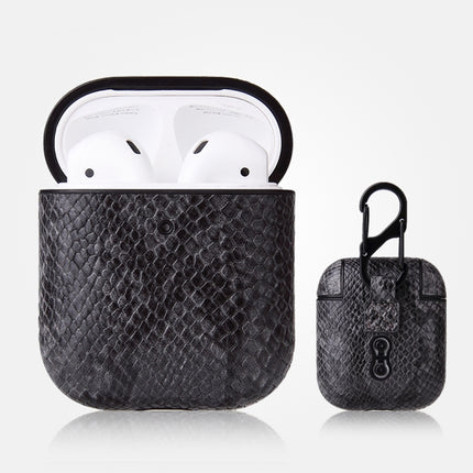 For AirPods 1 & 2 Anti-fall Snakeskin Texture PU Leather Protective Case with Carabiner(Gray)-garmade.com