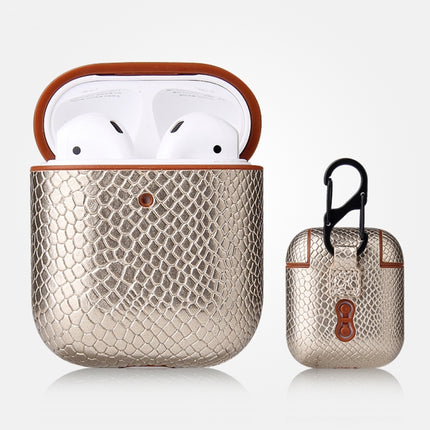 For AirPods 1 & 2 Anti-fall Snakeskin Texture PU Leather Protective Case with Carabiner(Gold)-garmade.com