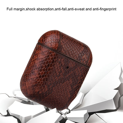 For AirPods 1 & 2 Anti-fall Snakeskin Texture PU Leather Protective Case with Carabiner(Silver)-garmade.com