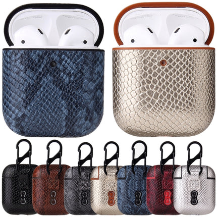 For AirPods 1 & 2 Anti-fall Snakeskin Texture PU Leather Protective Case with Carabiner(Coffee)-garmade.com