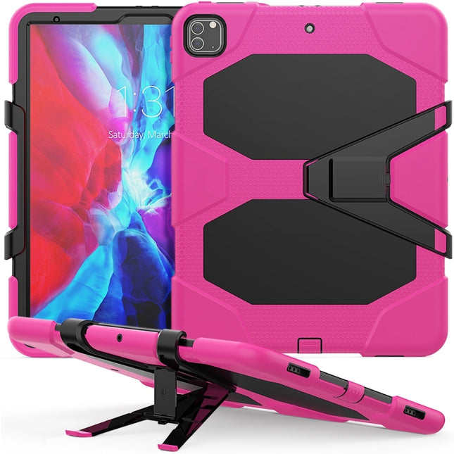 For iPad Pro 12.9 inch (2020) Shockproof Colorful Silicon + PC Protective Tablet Case with Holder & Shoulder Strap & Hand Strap (Rose Red)-garmade.com